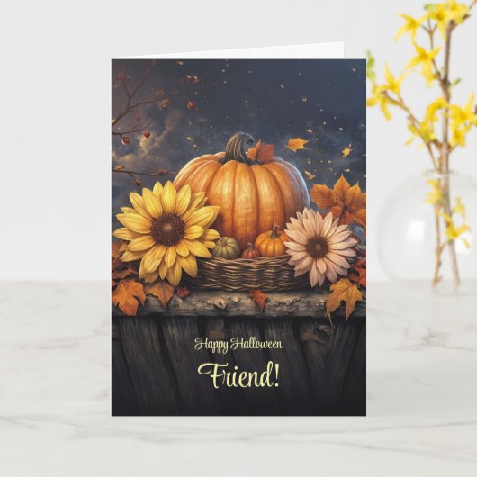 Carte Ami Plutôt Joyeux Halloween avec Fleurs d'automne (Fleur jaune)