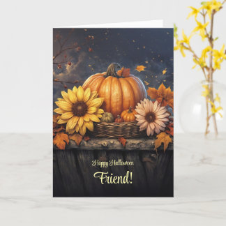 Carte Ami Plutôt Joyeux Halloween avec Fleurs d'automne