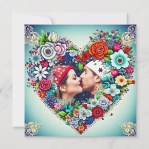 Carte Amour Coeur Turquoise et rouge floral avec la ph
