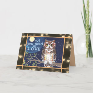 Carte Amour de la Saint-Valentin de hibou bleu sépia lun