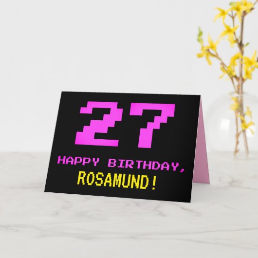 Carte Amusant, Nerdy, Geeky, Rose, 8 bits Style 27e anni (Fleur jaune)