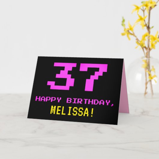 Carte Amusant, Nerdy, Geeky, Rose, 8 bits Style 37e anni (Fleur jaune)