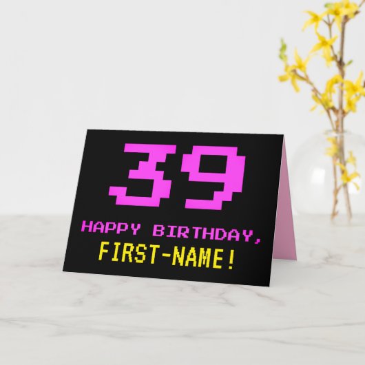 Carte Amusant, Nerdy, Geeky, Rose, 8 bits Style 39e anni (Fleur jaune)