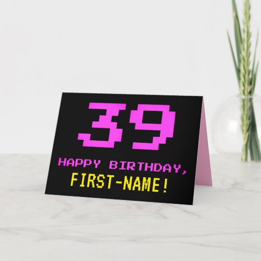 Carte Amusant, Nerdy, Geeky, Rose, 8 bits Style 39e anni (Devant)