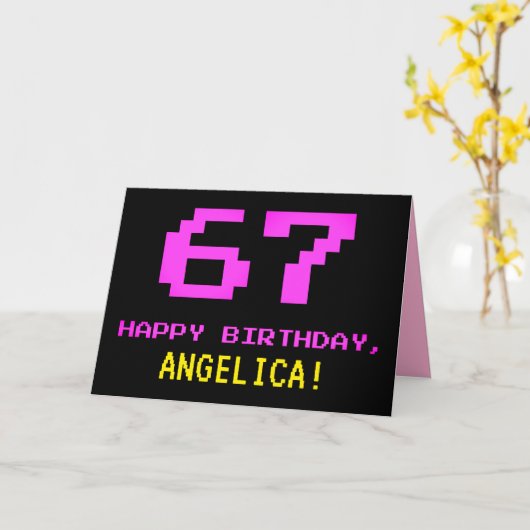 Carte Amusant, Nerdy, Geeky, Rose, 8 bits Style 67e anni (Fleur jaune)