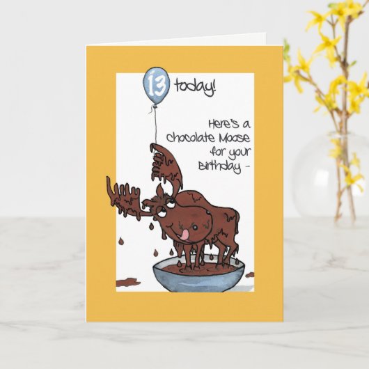 Carte Amusant orignal au chocolat avec ballon 13e annive (Fleur jaune)