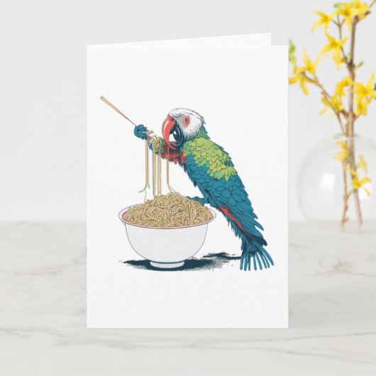 Carte Amusant perroquet mangeant des nouilles Ramen avec (Fleur jaune)