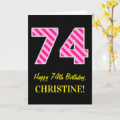 Carte Amusant rayé rose "74"; Joyelux 74e anniversaire;  (Fleur jaune)