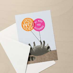 Carte Amusant Se Bien Bientôt Raccoon Ballons