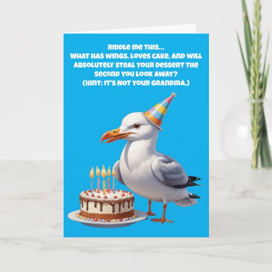 Carte Amusant Seagull Birthday Riddle - Cake at Risk! (Devant)