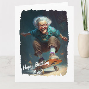 Carte Amusante grand-mère active sur un skateboard anniv