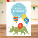 Carte Amusants Ballons d'Anniversaire Dinosaur Nom perso<br><div class="desc">Dites "Joyeux anniversaire" avec cette carte de voeux personnalisée mignonne, avec un dinosaure Triceratops et des ballons d'anniversaire! Vient dans une palette colorée de rouge, vert, jaune, bleu et blanc, avec un amusant motif de pois à forme libre à l'intérieur. ♦ Pour ajouter votre nom, votre âge et votre message...</div>