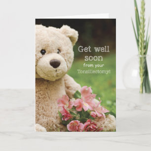 Carte Amygdalectomie, ours en peluche et fleurs Bon réta