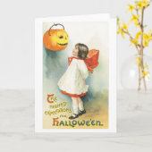 Carte Ancien Halloween, fille et Jack-o'-lanterne (Fleur jaune)