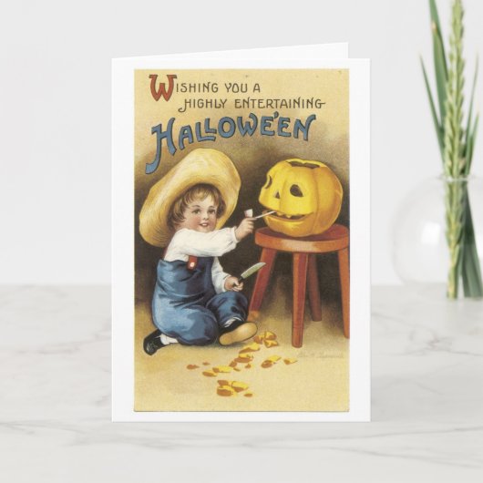 Carte Ancien Halloween, le garçon fait Jack-o-lanterne (Devant)