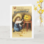 Carte Ancien Halloween, le garçon fait Jack-o-lanterne (Fleur jaune)