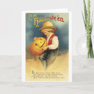 Carte Ancien Halloween, le garçon fait Jack-o-lanterne