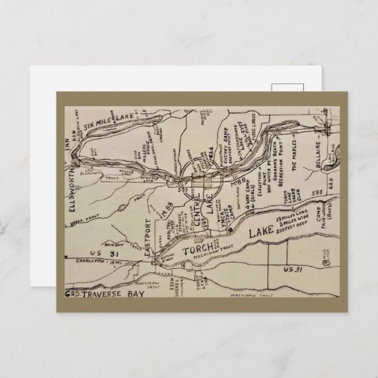 Carte ancienne du lac Torch Michigan (Devant / Derrière)