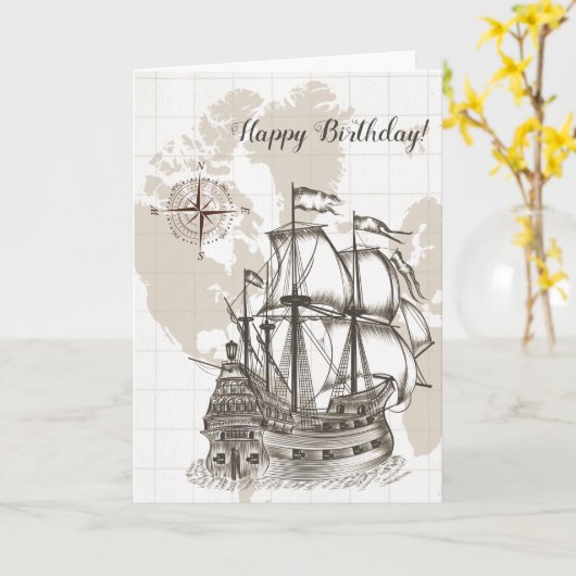 Carte ancienne et voilier pour un anniversaire (Fleur jaune)