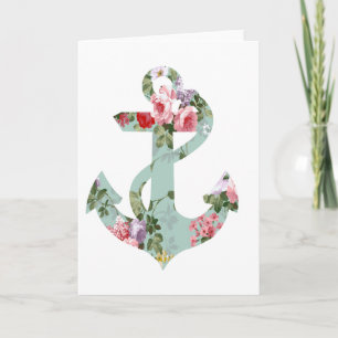 Carte Ancre florale verte rose rouge vintage de motif