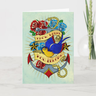 Carte Ancre, hirondelle et roses