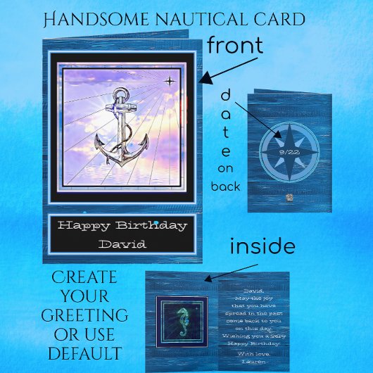 Carte Ancre nautique et Seahorse Joyeux anniversaire