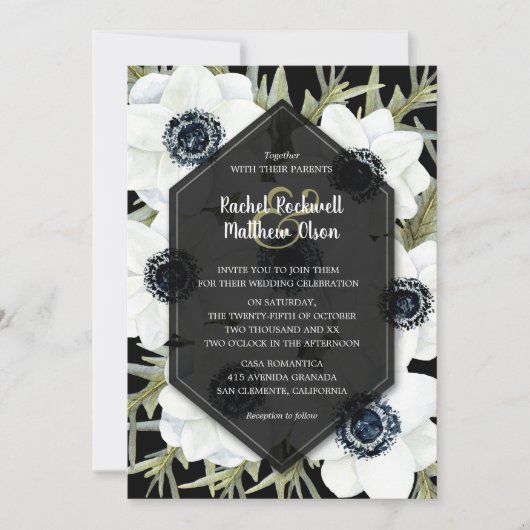 Carte Anemones Botanical Black and White Wedding Invite (Devant)