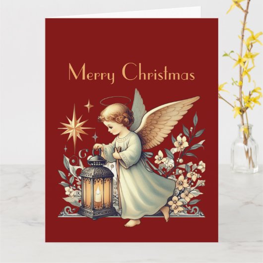 Carte Ange de Noël et lanterne (Fleur jaune)