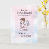 Carte Ange de prière de communion de fille premier, (Fleur jaune)