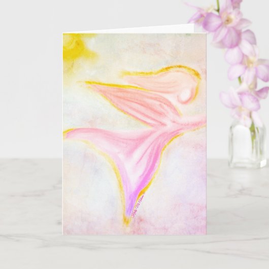 Carte Ange doré en vol – Ciel rose soleil Salutation (Orchidée)
