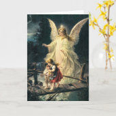 Carte Ange gardien avec deux enfants sur pont (Fleur jaune)