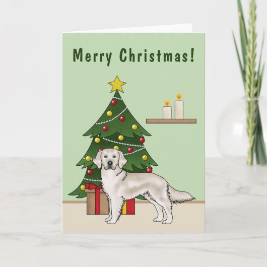 Carte Anglais Crème Golden Retriever avec sapin de Noël (Devant)