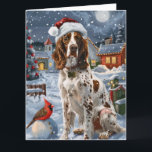 Carte Anglais Setter Winter Wonderland Christmas Joy<br><div class="desc">Ce design festif reflète l'esprit joyeux de la période des fêtes, avec un adorable petit portant un chapeau de Père Noël. Le chien est niché dans un pays des merveilles hivernales, avec un bonhomme de neige, un sapin de Noël décoré et des cadeaux joliment emballés. Les flocons de neige tombent...</div>