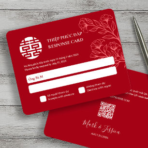 Carte Anglais vietnamien bilingue Mariage rouge RSVP