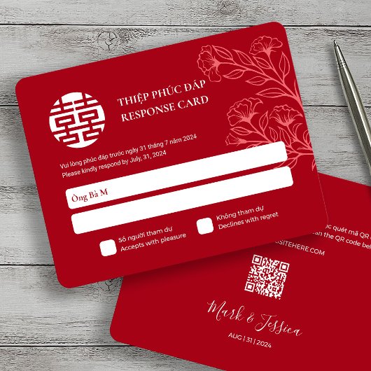 Carte Anglais vietnamien bilingue Mariage rouge RSVP