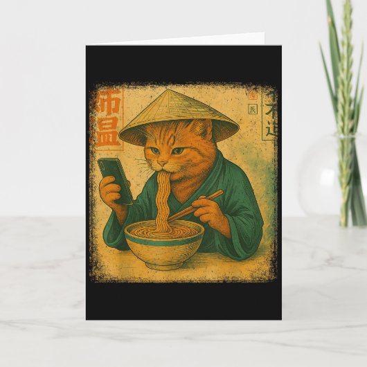 Carte Anim de chat japonais drôle mangeant du ramen et f (Devant)