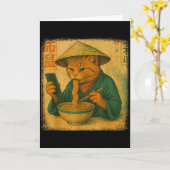Carte Anim de chat japonais drôle mangeant du ramen et f (Fleur jaune)