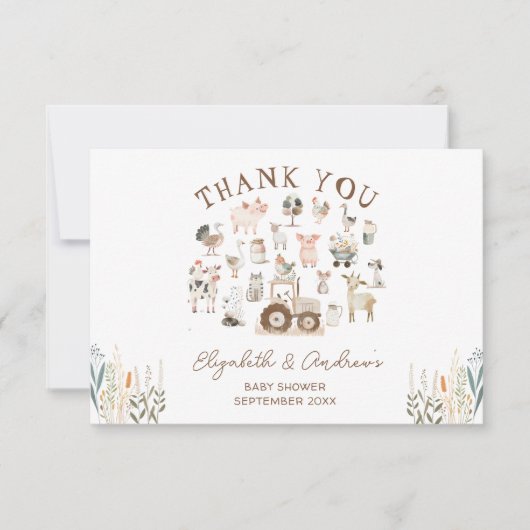 Carte Animaux de ferme Barnyard Baby shower Merci (Devant)