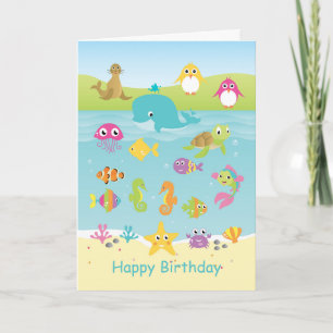 Carte Animaux de mer : baleine, pingouin, anniversaire d