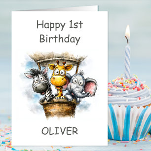 Carte Animaux de safari en montgolfière 1er anniversaire