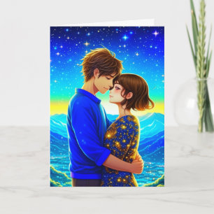 Carte Anime Couple, Montagnes et Etoiles Saint-Valentin