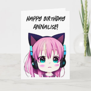 Carte Anime Girl avec casque et oreilles de chat Anniver