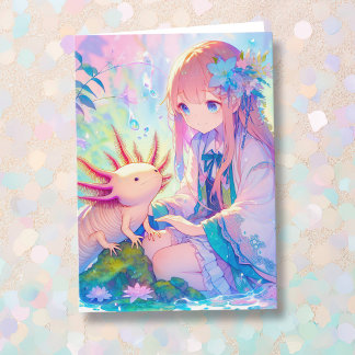 Carte Anime Girl et un Axolotl Anniversaire personnalisé