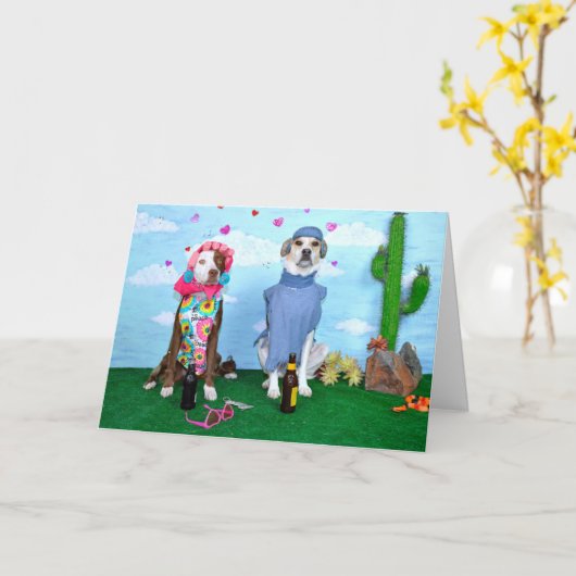 Carte Aniversary card, humorous, dogs in clothes (Fleur jaune)
