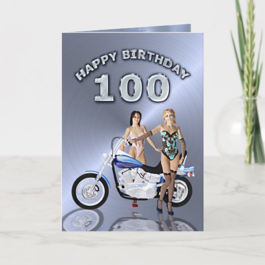Carte anniversaire 100 avec des filles et une moto (Devant)