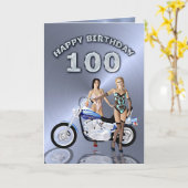 Carte anniversaire 100 avec des filles et une moto (Fleur jaune)