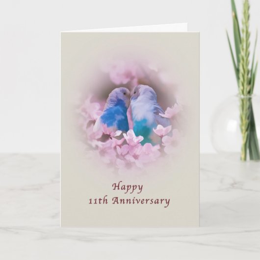 Carte Anniversaire, 11ème, perruches affectueuses, (Devant)