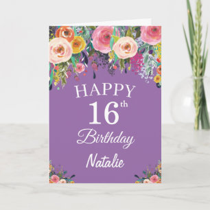 Carte Anniversaire 16 ans Aquarelle Floral Fleurs Violet