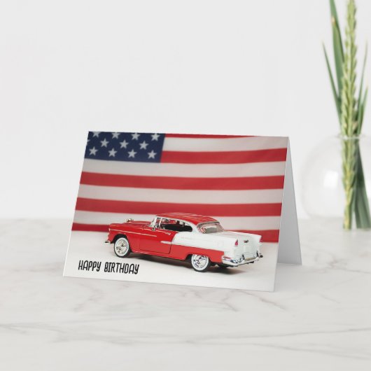 Carte Anniversaire 1955 Chevy Car et Drapeau (Devant)