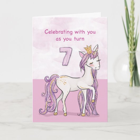 Carte Anniversaire 7 Ans Cheval Rose Avec Couronne (Devant)